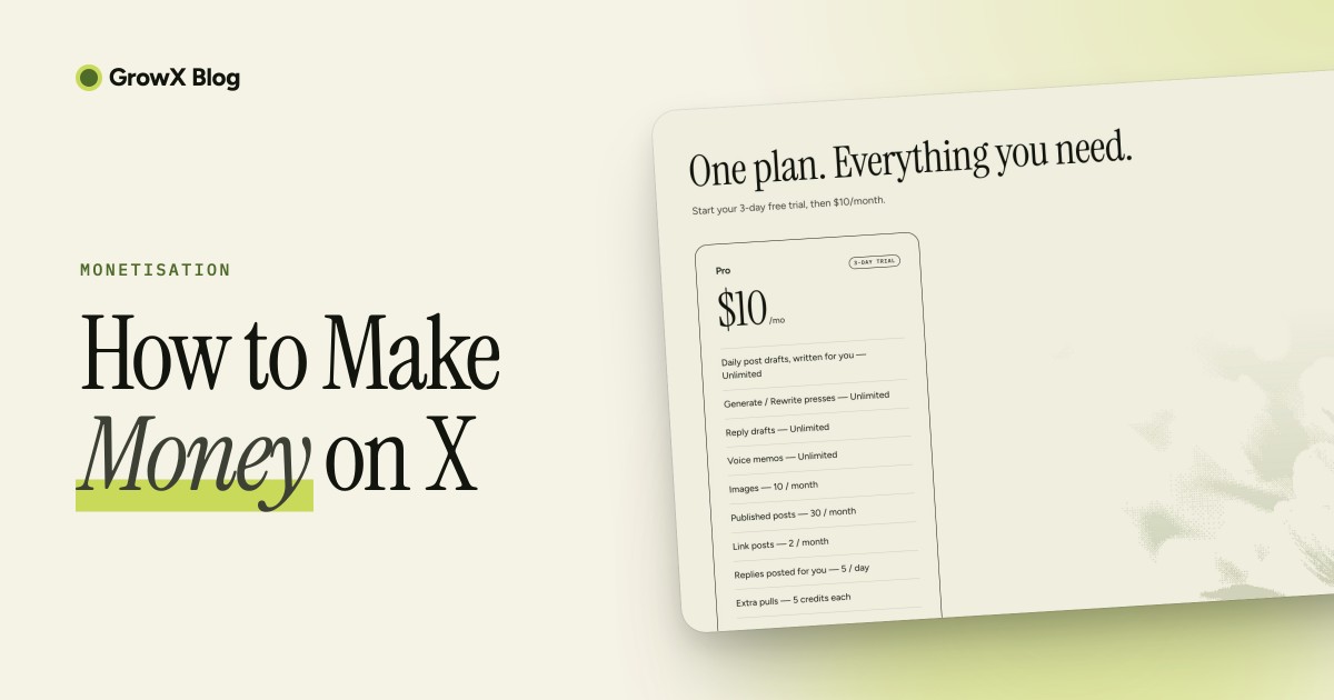The title How to Make Money on X beside the GrowX pricing page