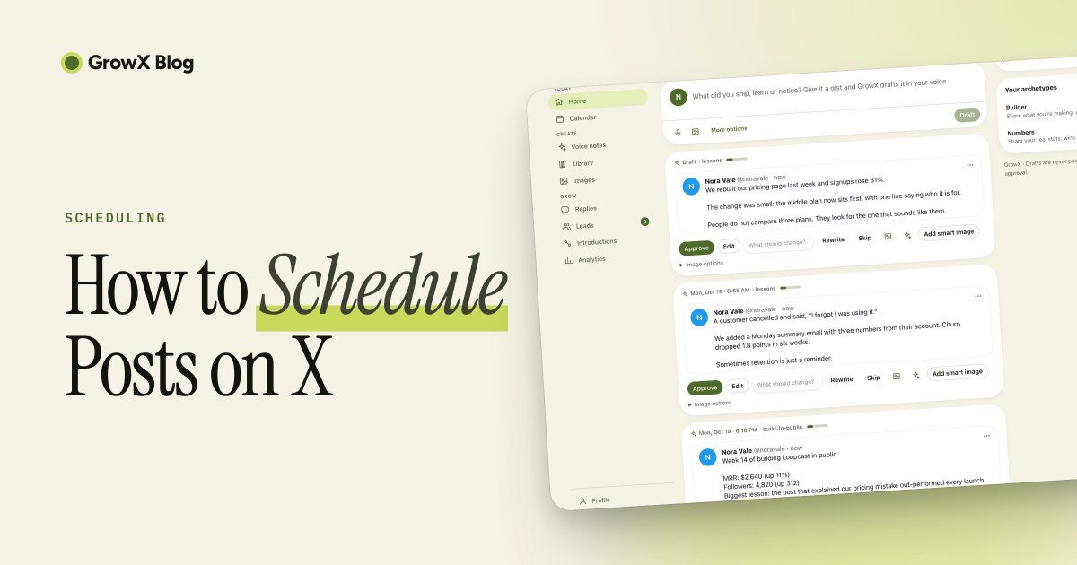 A weekly content calendar with posts scheduled on X and a queue of drafts waiting for approval