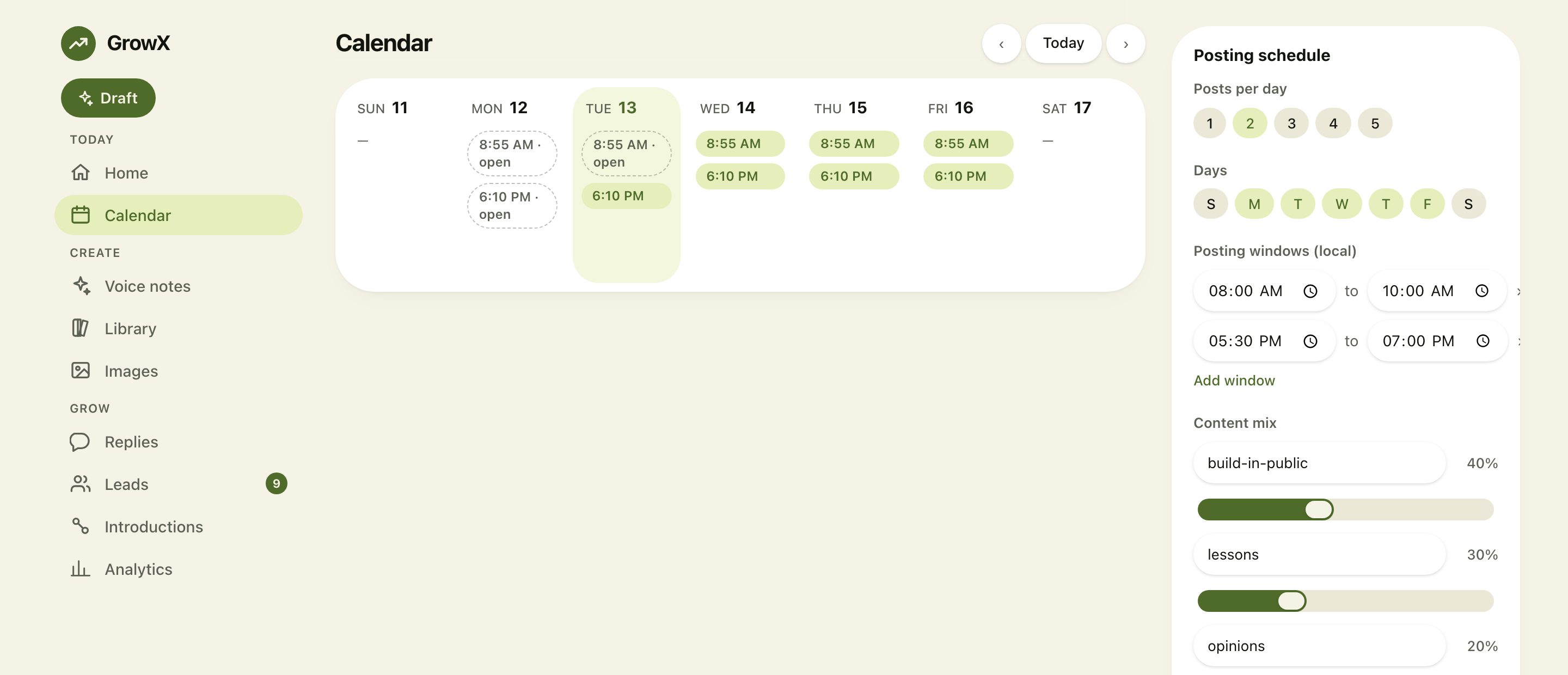 The GrowX calendar with a week of weekday posting slots and a posting schedule panel on the right