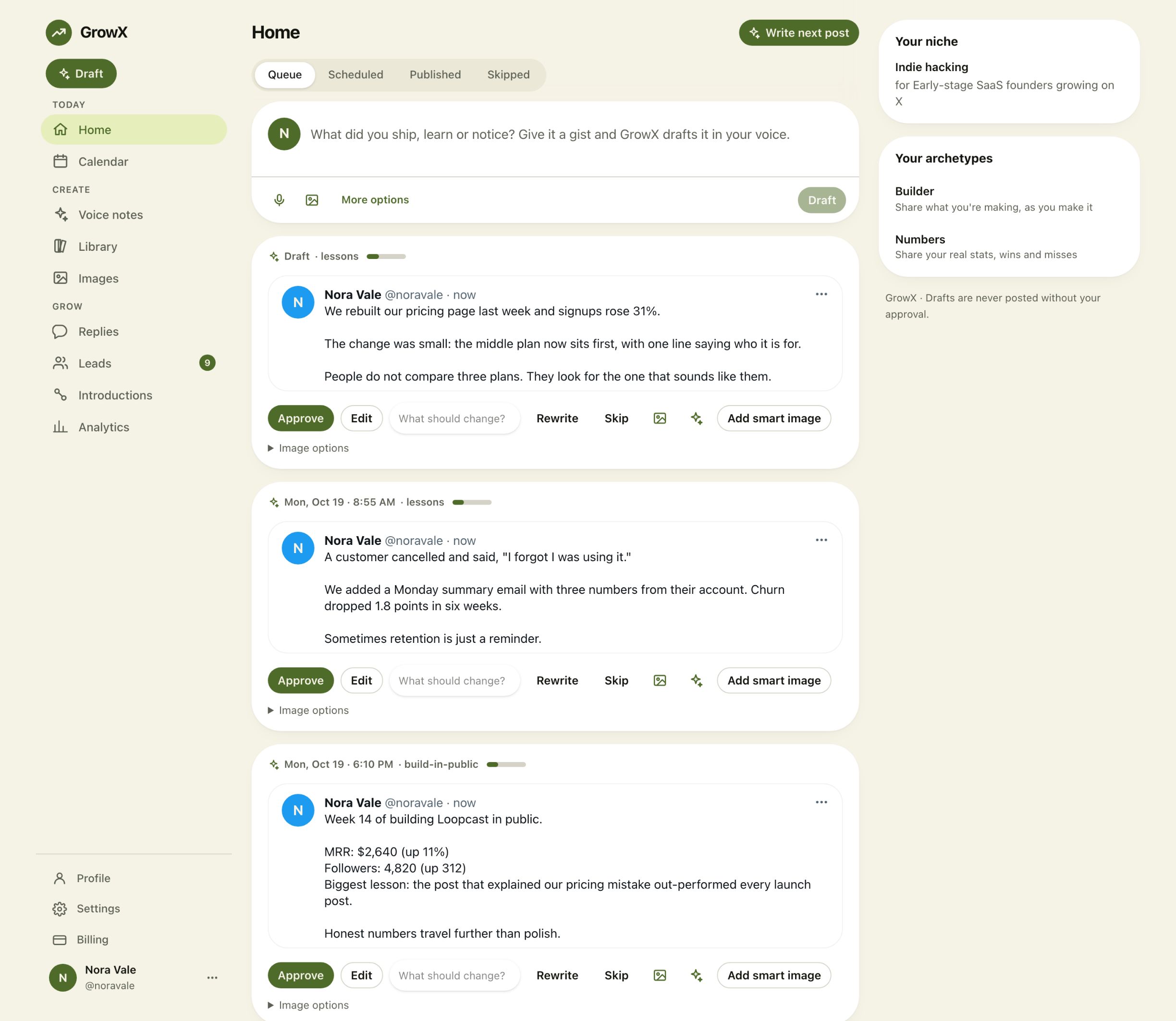 The GrowX Home queue with three on-voice post drafts, each with Approve, Edit and Rewrite buttons