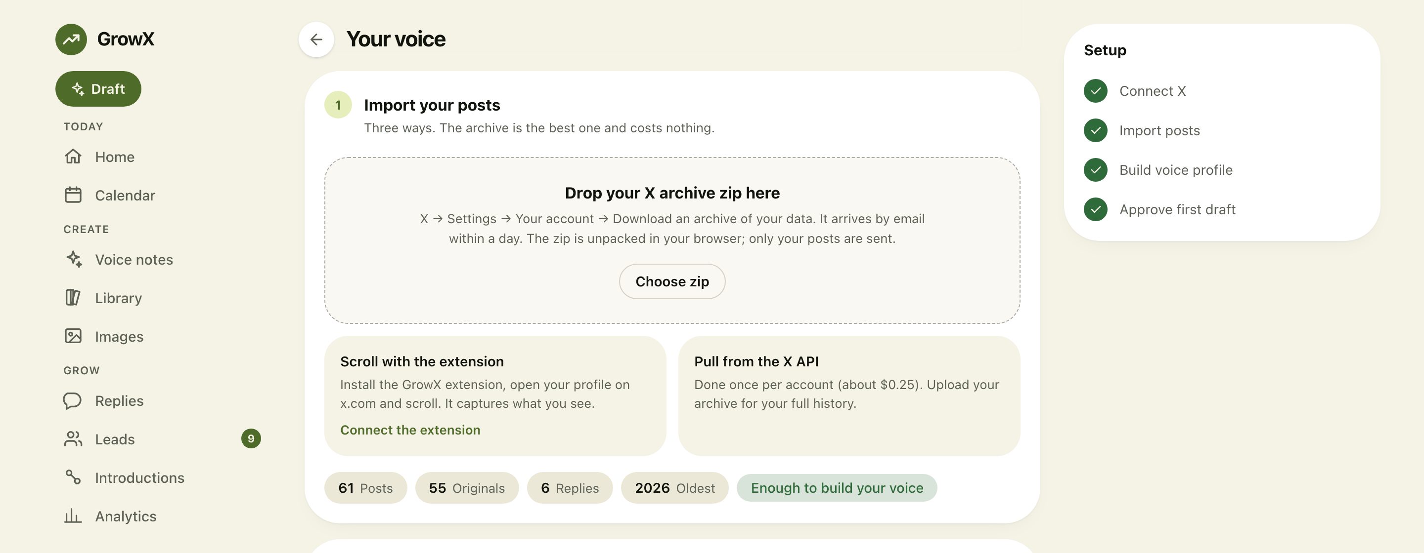 The GrowX Your voice screen with a drop zone for the X archive ZIP and counters for imported posts