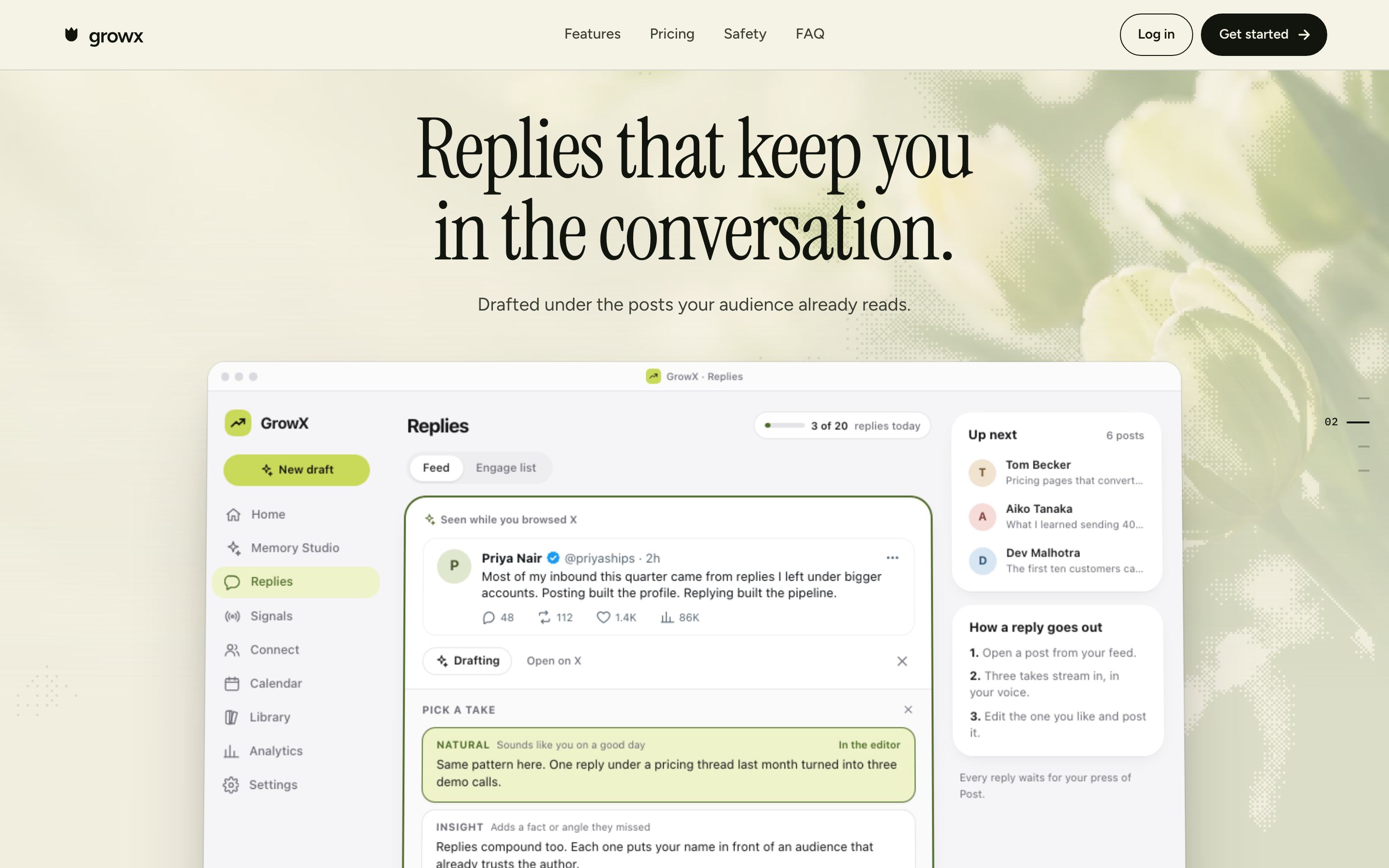 The GrowX landing page showing the Replies screen with a founder's post and three reply takes, under the headline Replies that keep you in the conversation