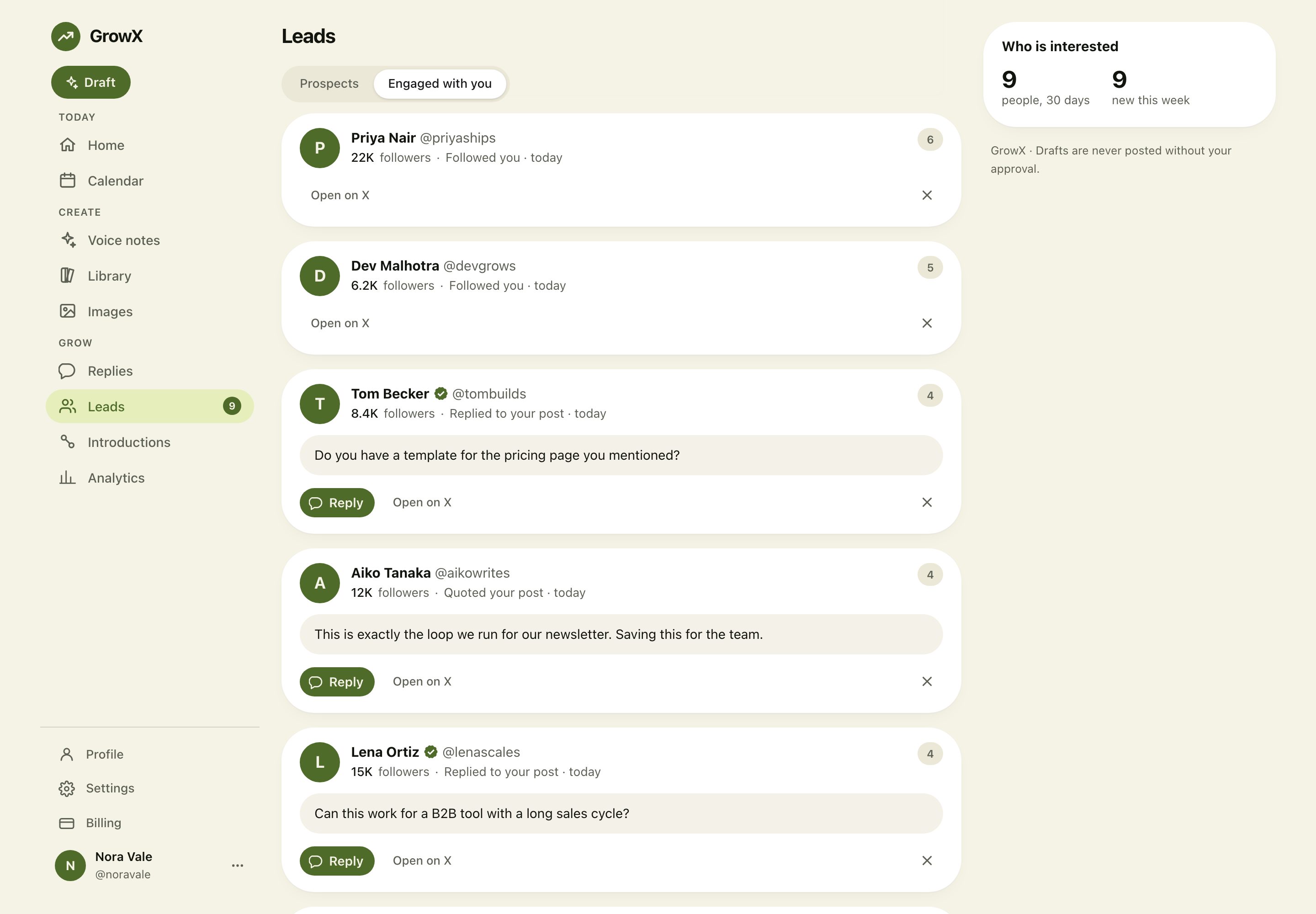 The GrowX Leads screen listing people who followed, replied to or quoted your posts, with Reply buttons