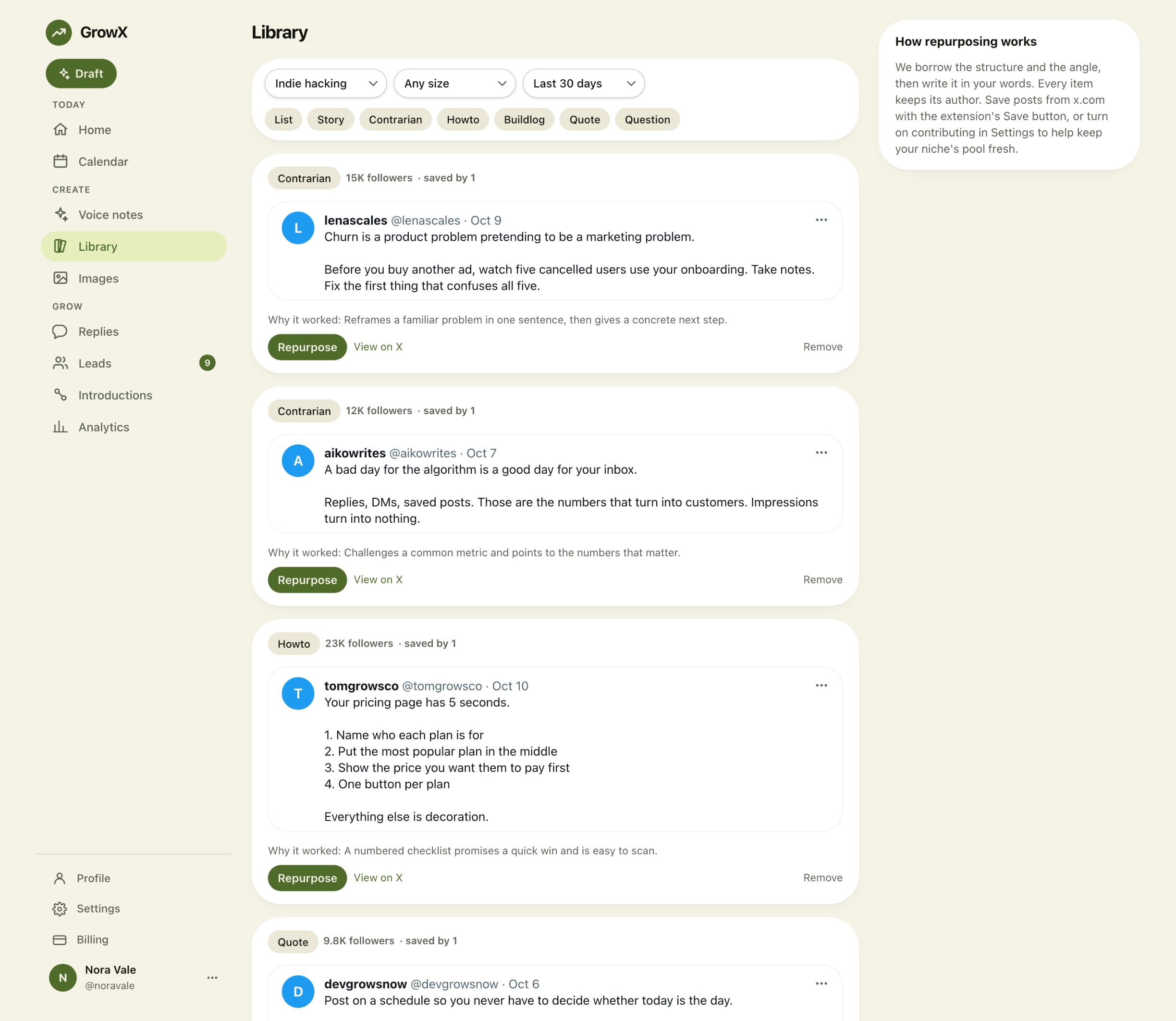 The GrowX Library showing top posts in a niche, each with a Why it worked note and a Repurpose button