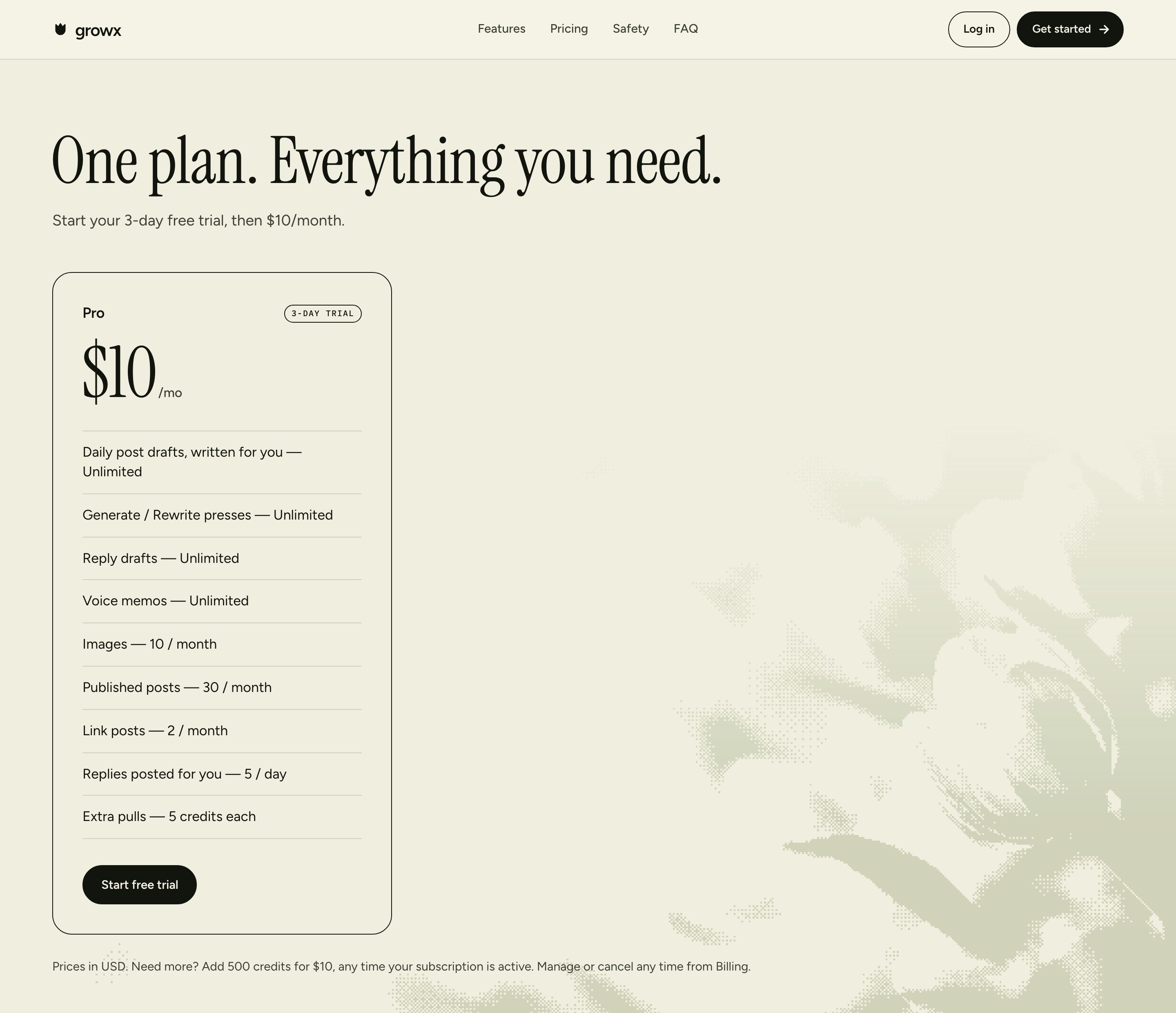 The GrowX pricing page with a single Pro plan card and a start free trial button