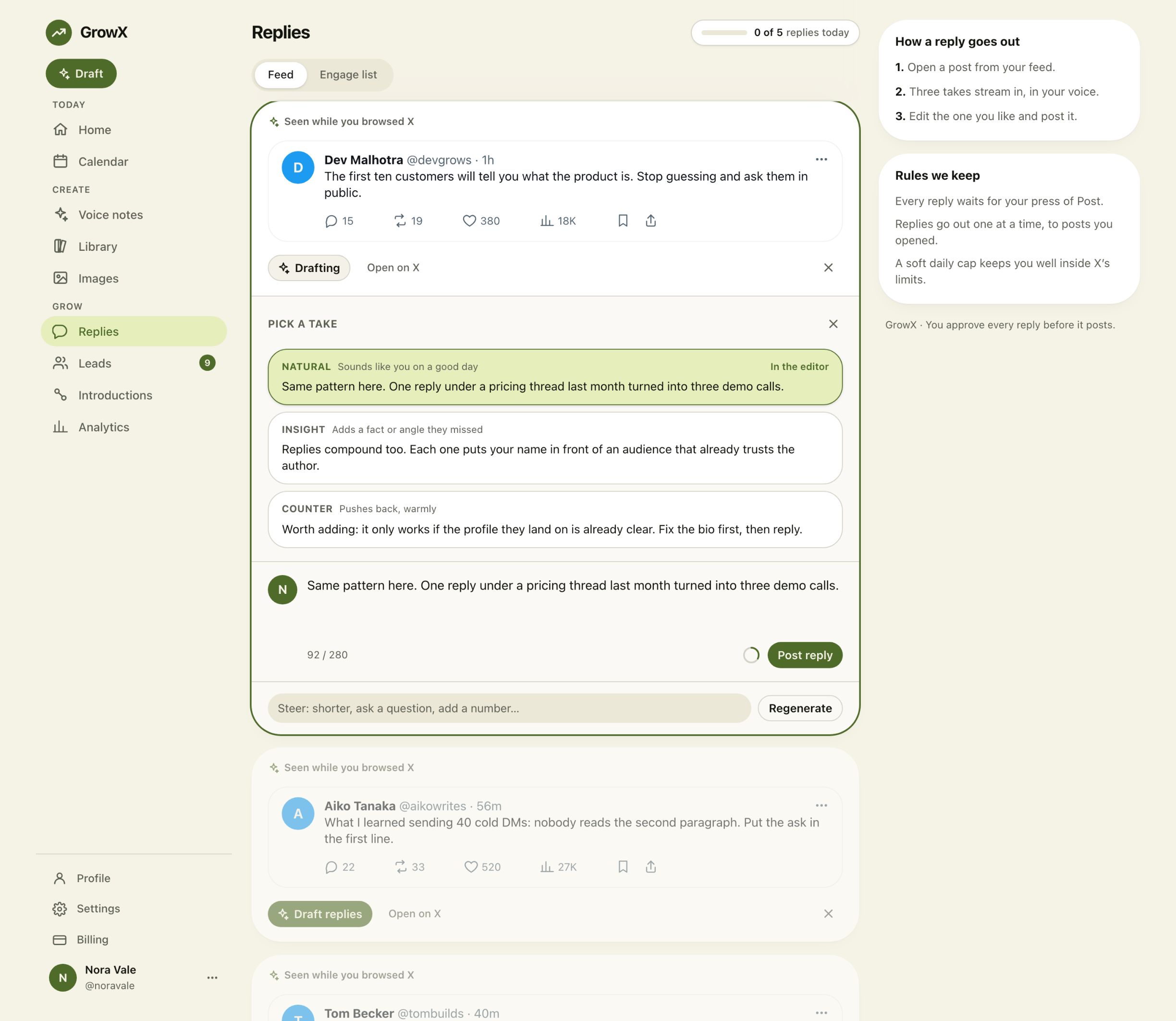 The GrowX Replies screen with three reply takes (Natural, Insight and Counter) under a founder's post